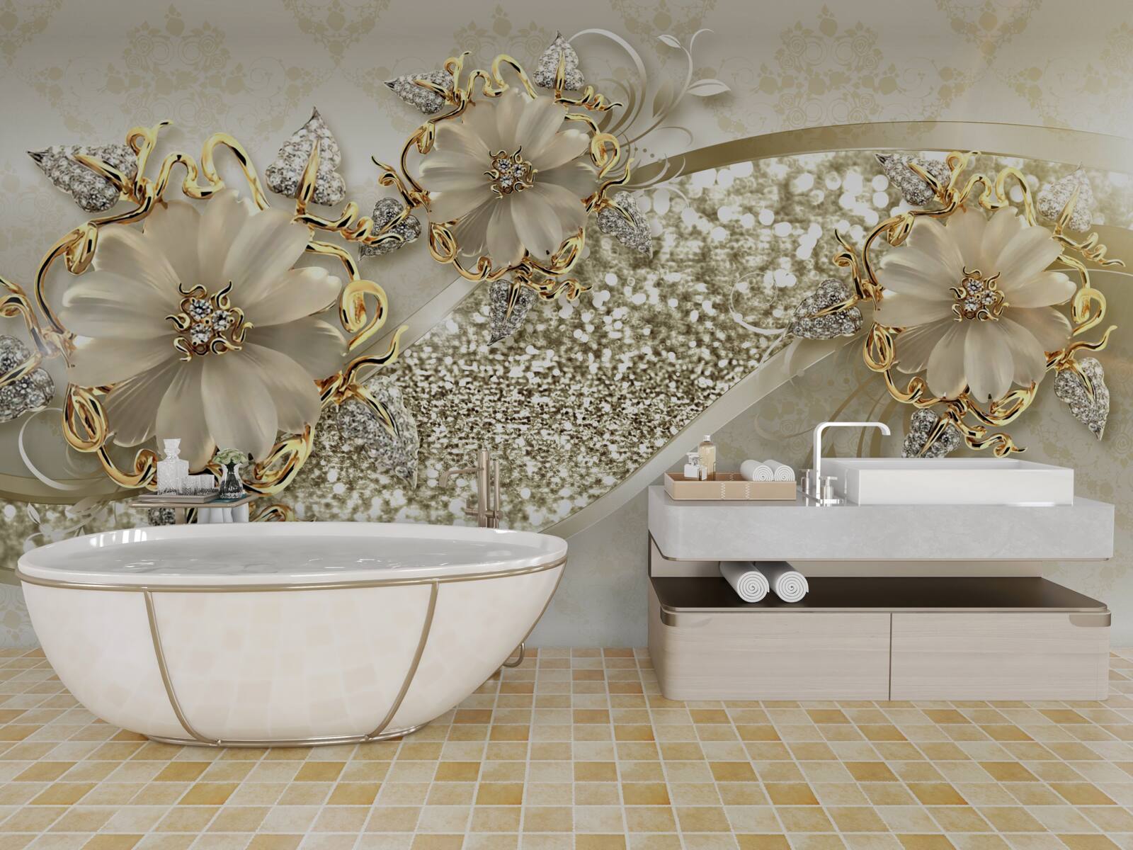 Fototapeta bukiety na złotej ścianie