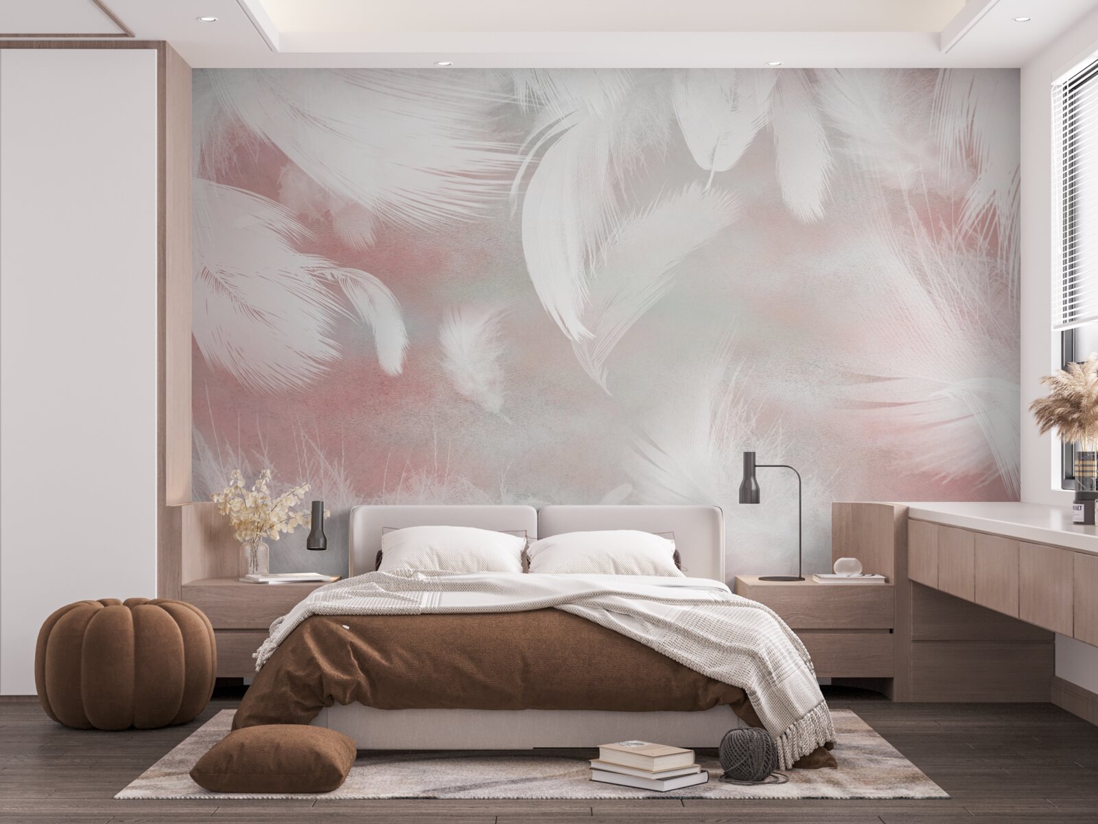 Fototapeta różowe tło ozdobione jest białymi piórkami