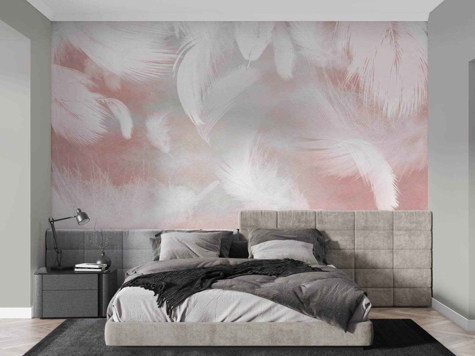 Fototapeta różowe tło ozdobione jest białymi piórkami