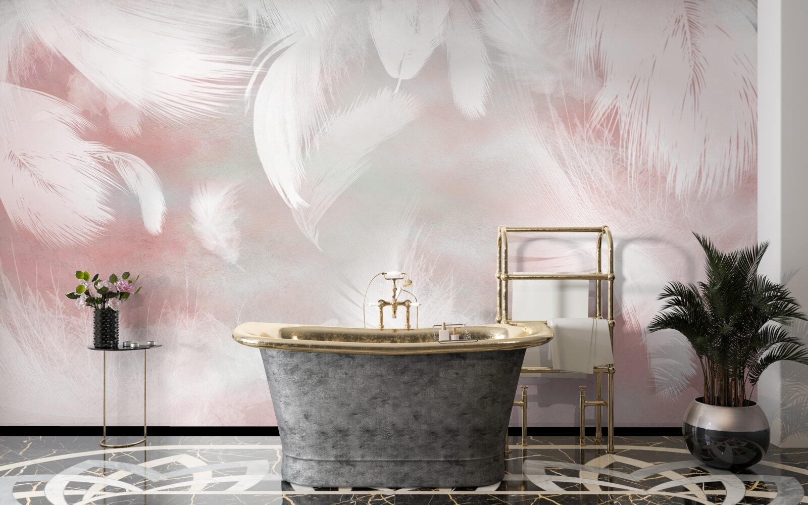 Fototapeta różowe tło ozdobione jest białymi piórkami