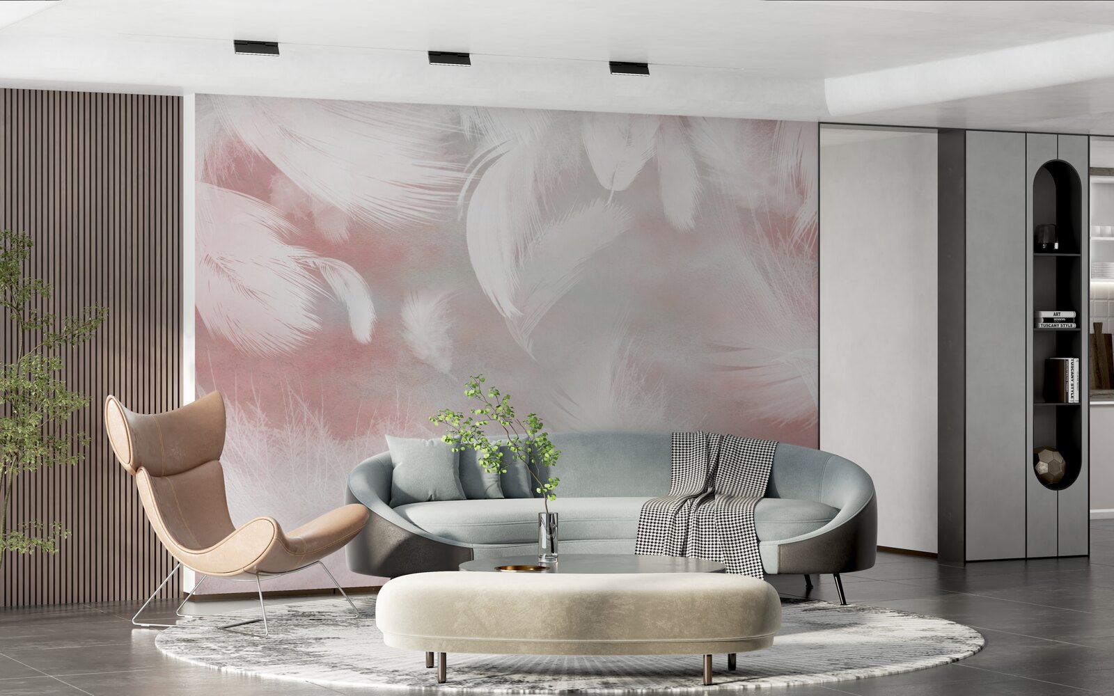 Fototapeta różowe tło ozdobione jest białymi piórkami