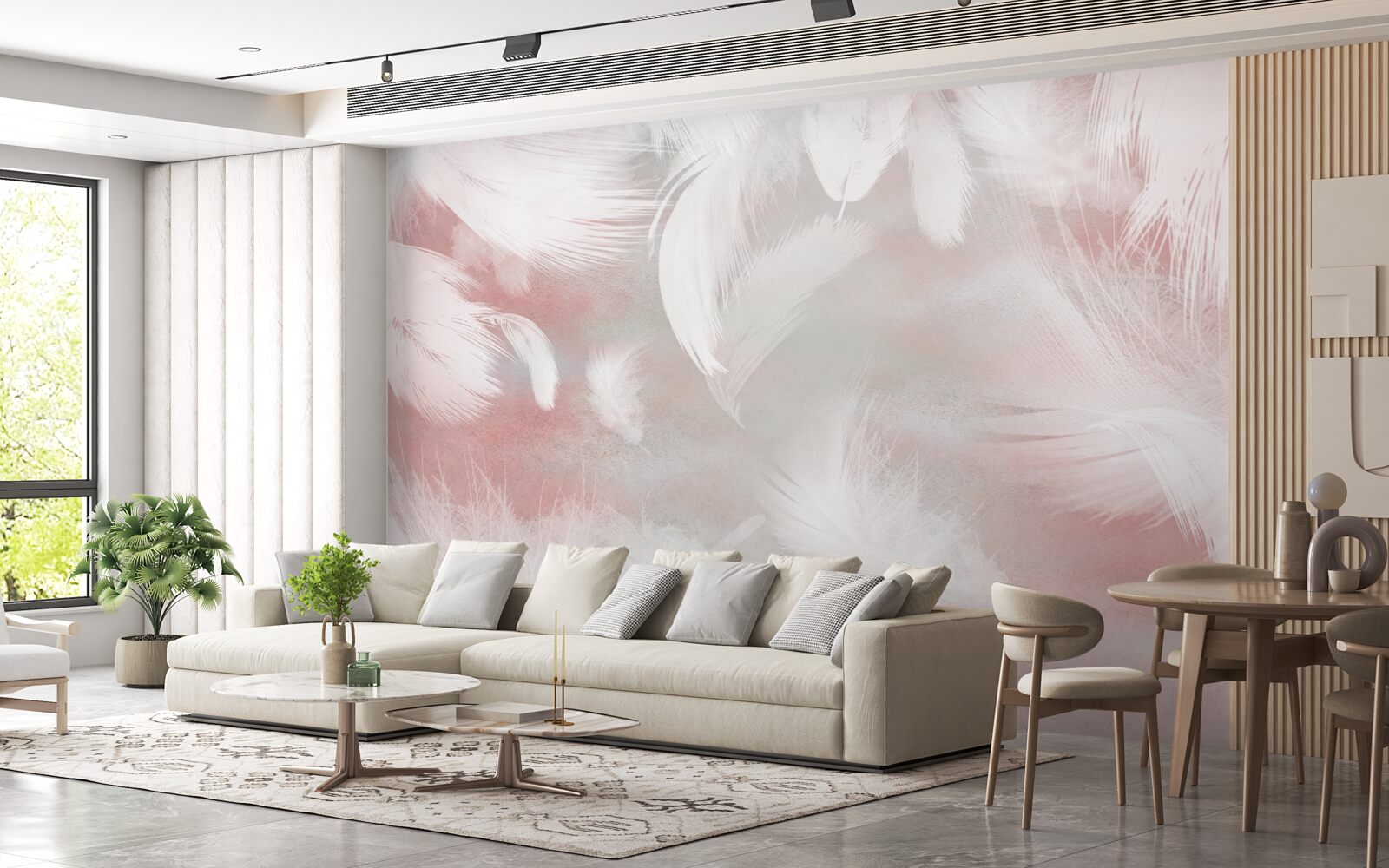 Fototapeta różowe tło ozdobione jest białymi piórkami