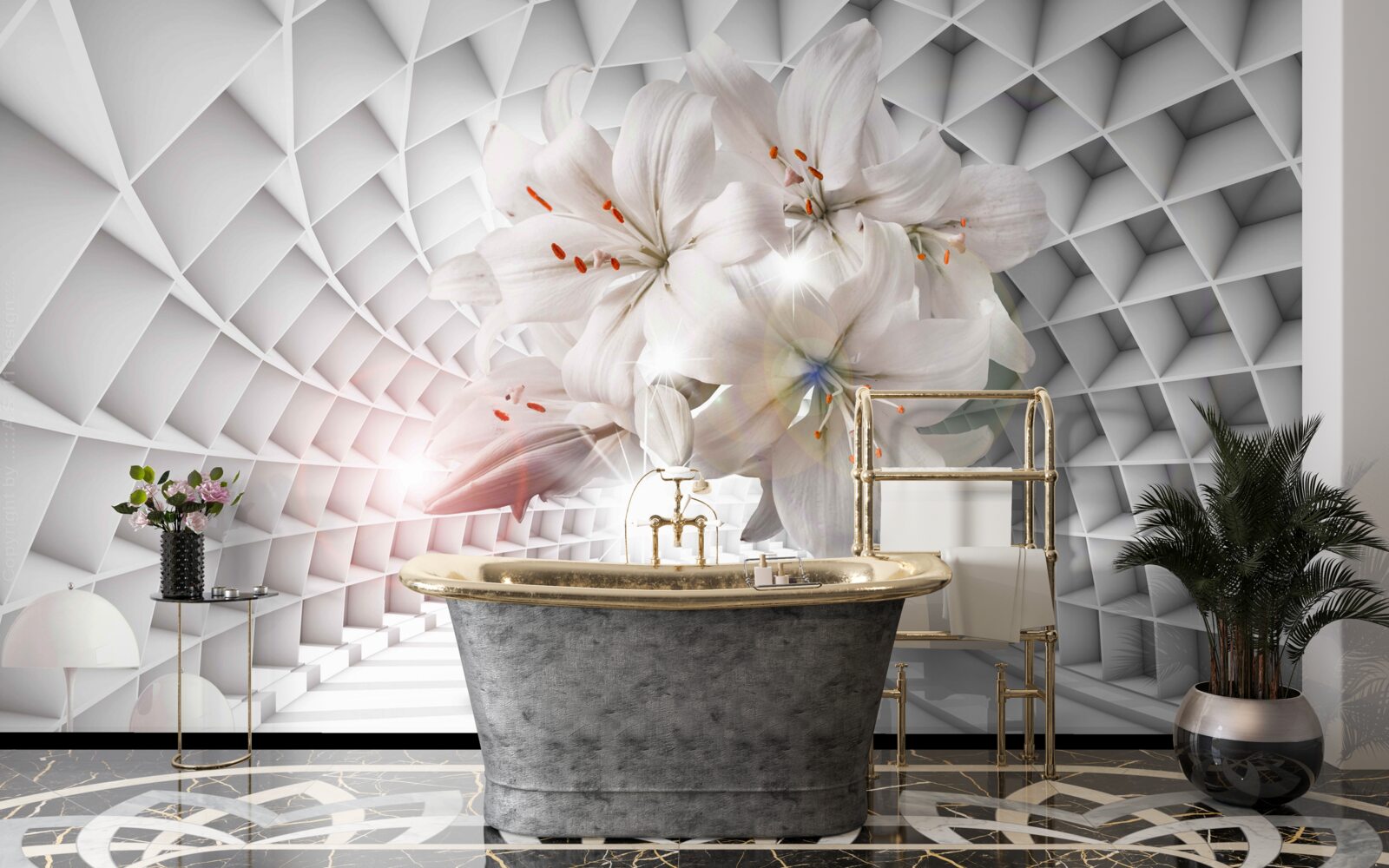 Fototapeta korytarz ozdobiony jest liliami