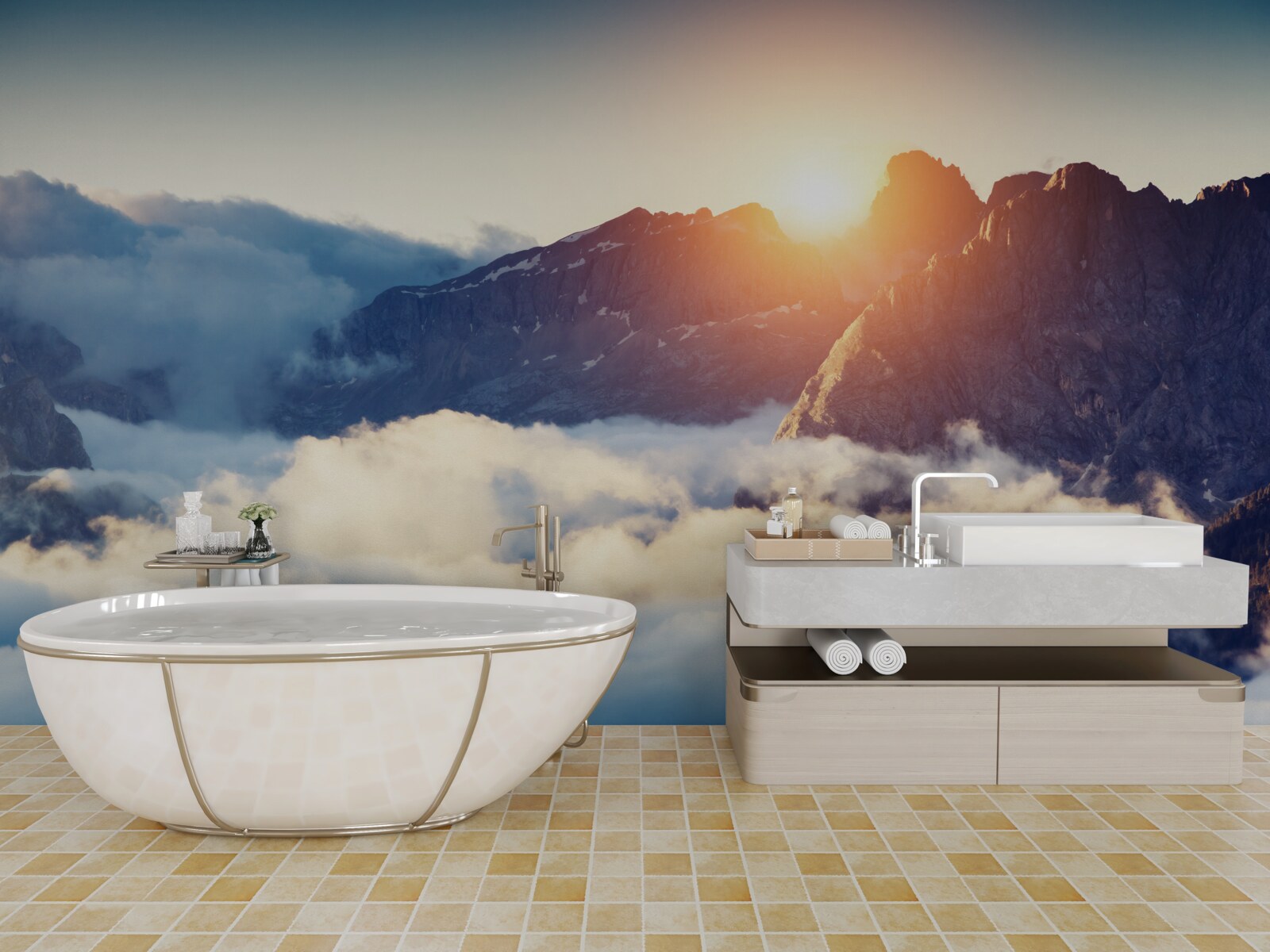 Fototapeta zachód słońca w górskim krajobrazie