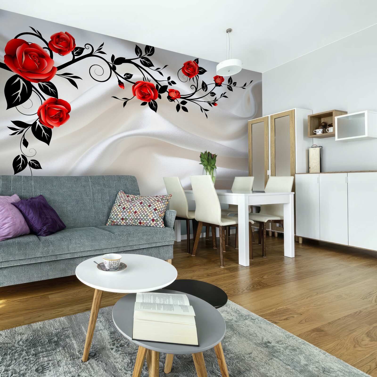 Fototapeta satyna ozdobiona jest różami