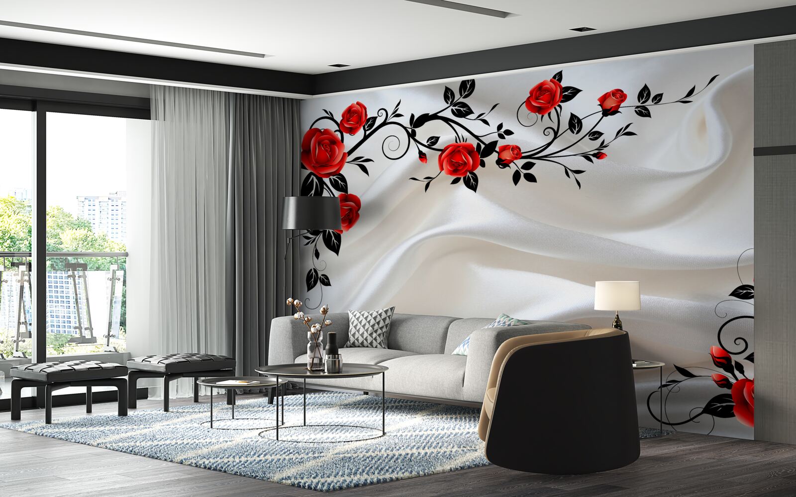 Fototapeta satyna ozdobiona jest różami