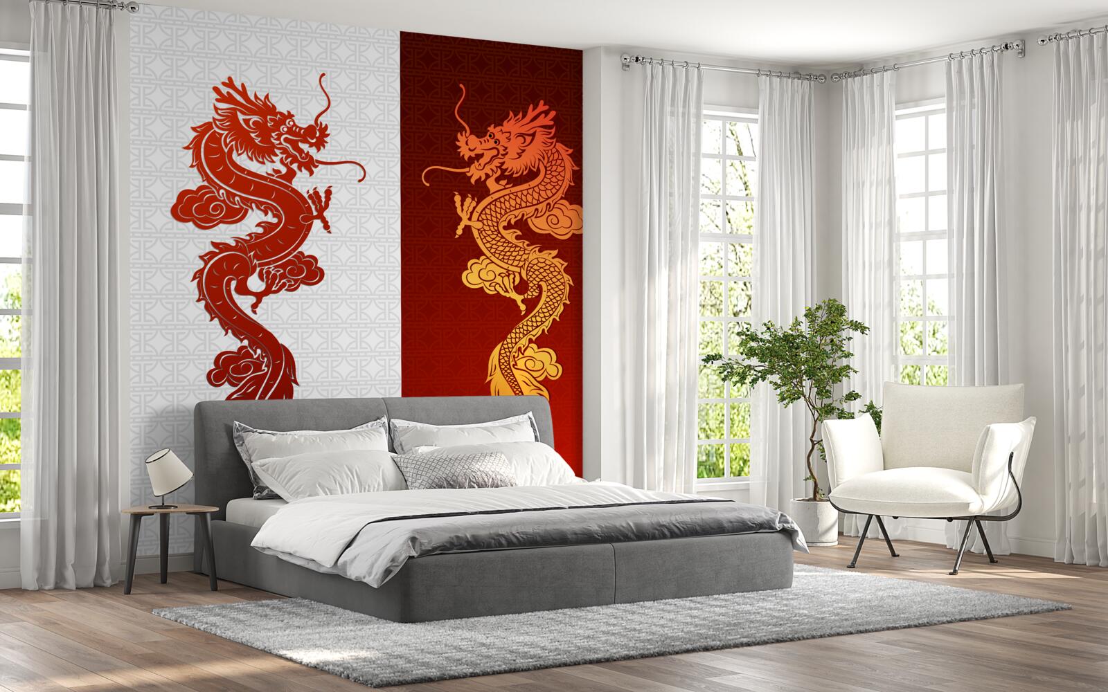 Fototapeta wizerunek smoka na białym i czerwonym tle