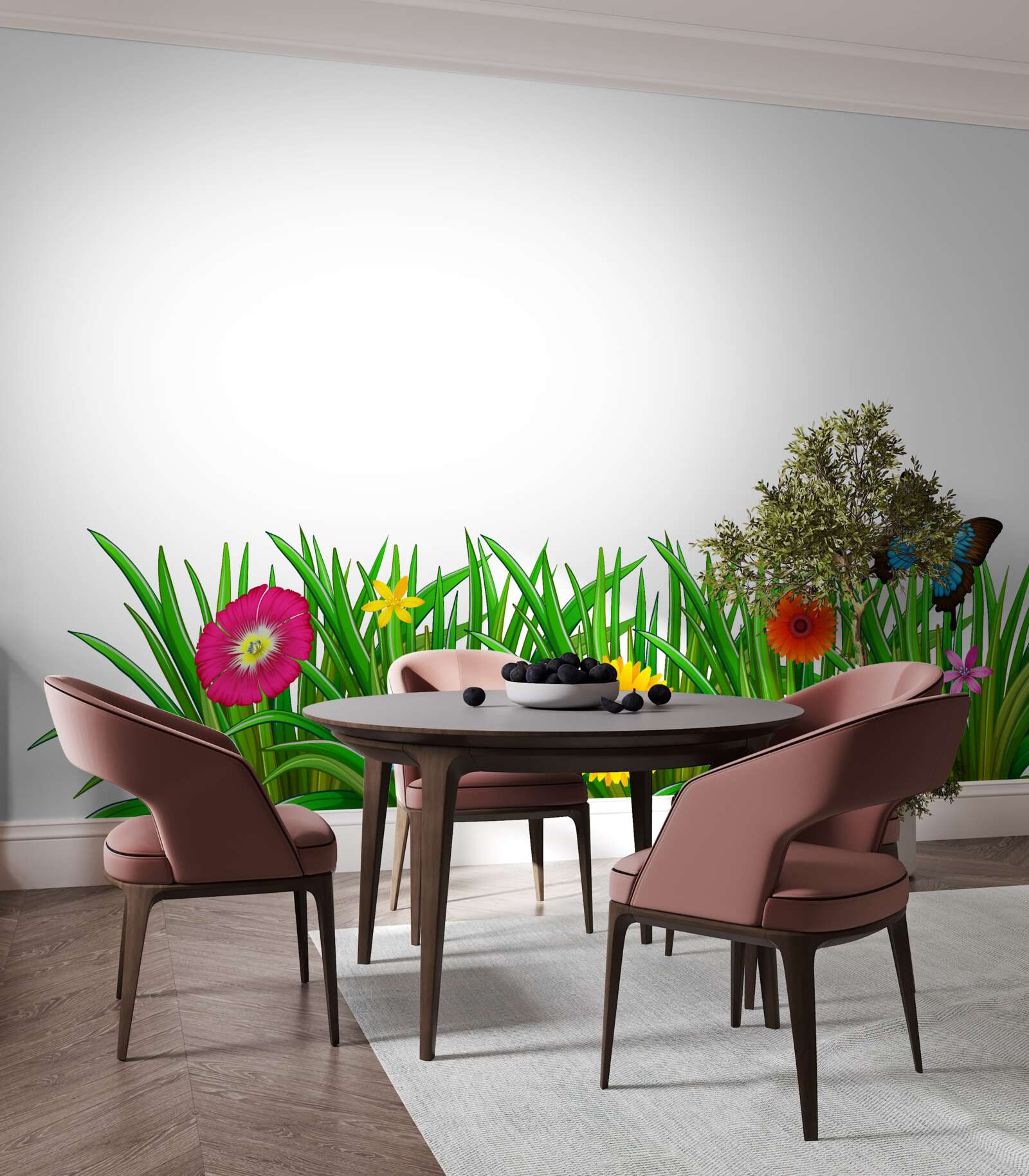 Fototapeta motyl siedzi na trawie z gerberami