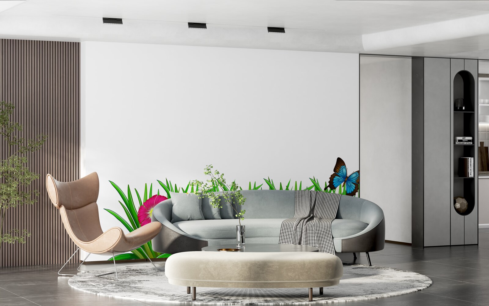 Fototapeta motyl siedzi na trawie z gerberami