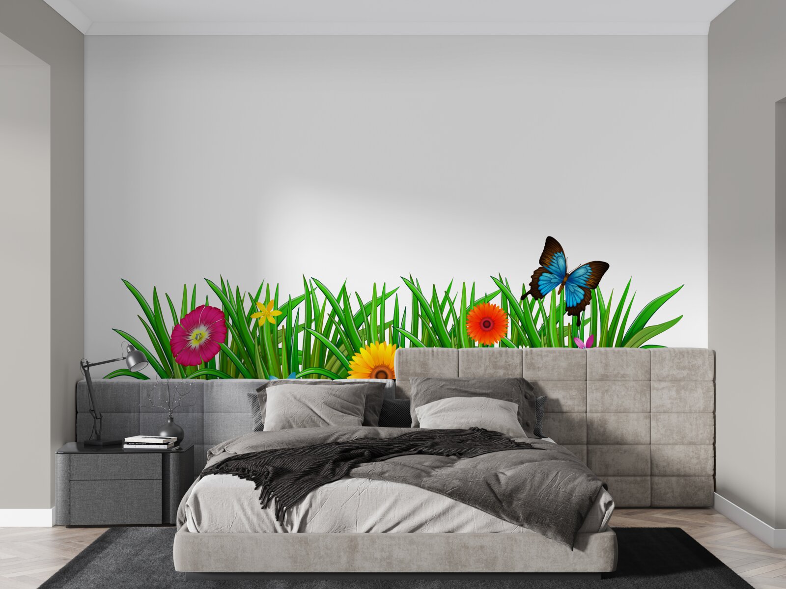 Fototapeta motyl siedzi na trawie z gerberami