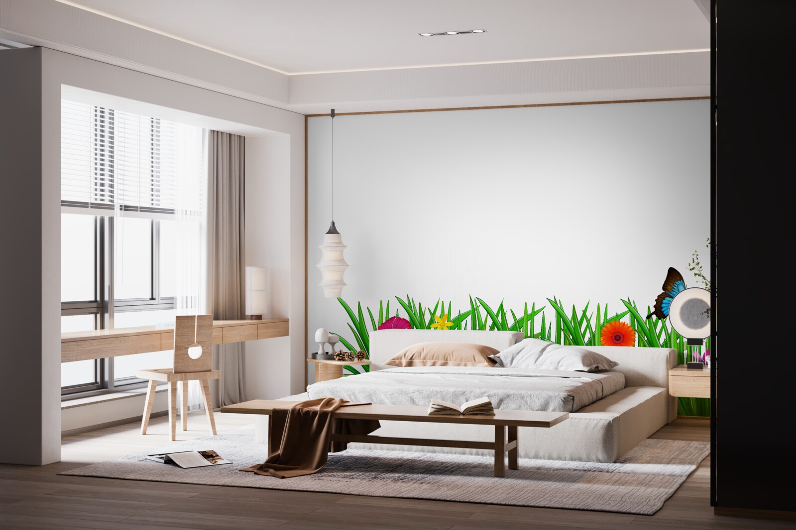 Fototapeta motyl siedzi na trawie z gerberami