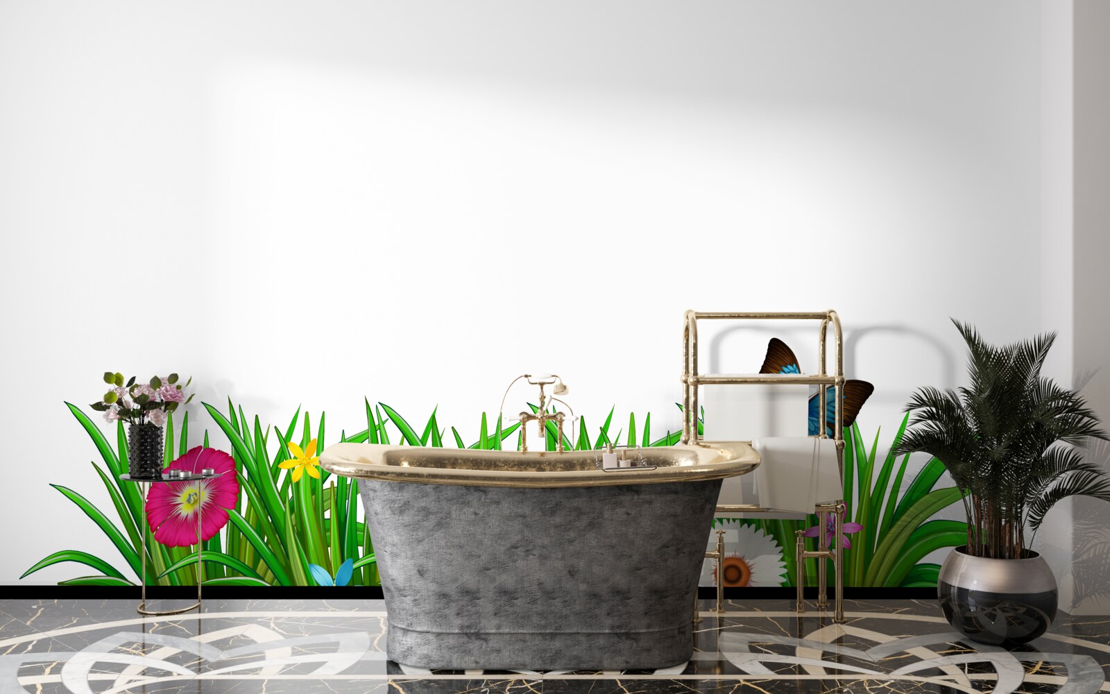 Fototapeta motyl siedzi na trawie z gerberami