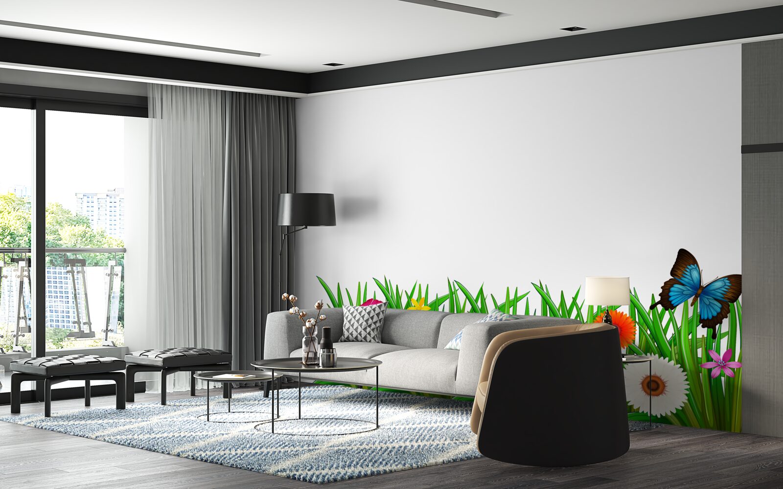 Fototapeta motyl siedzi na trawie z gerberami