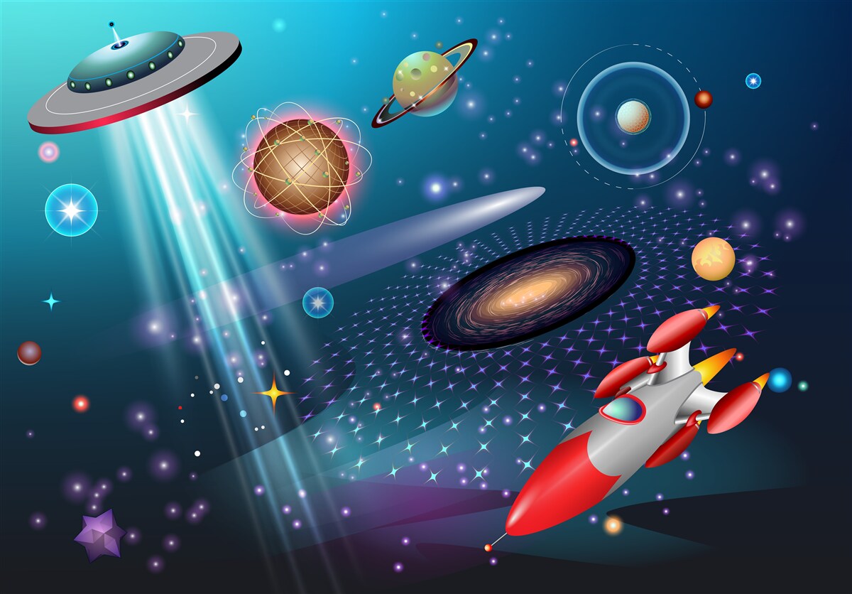 Fototapeta wśród planet są rakieta i ufo