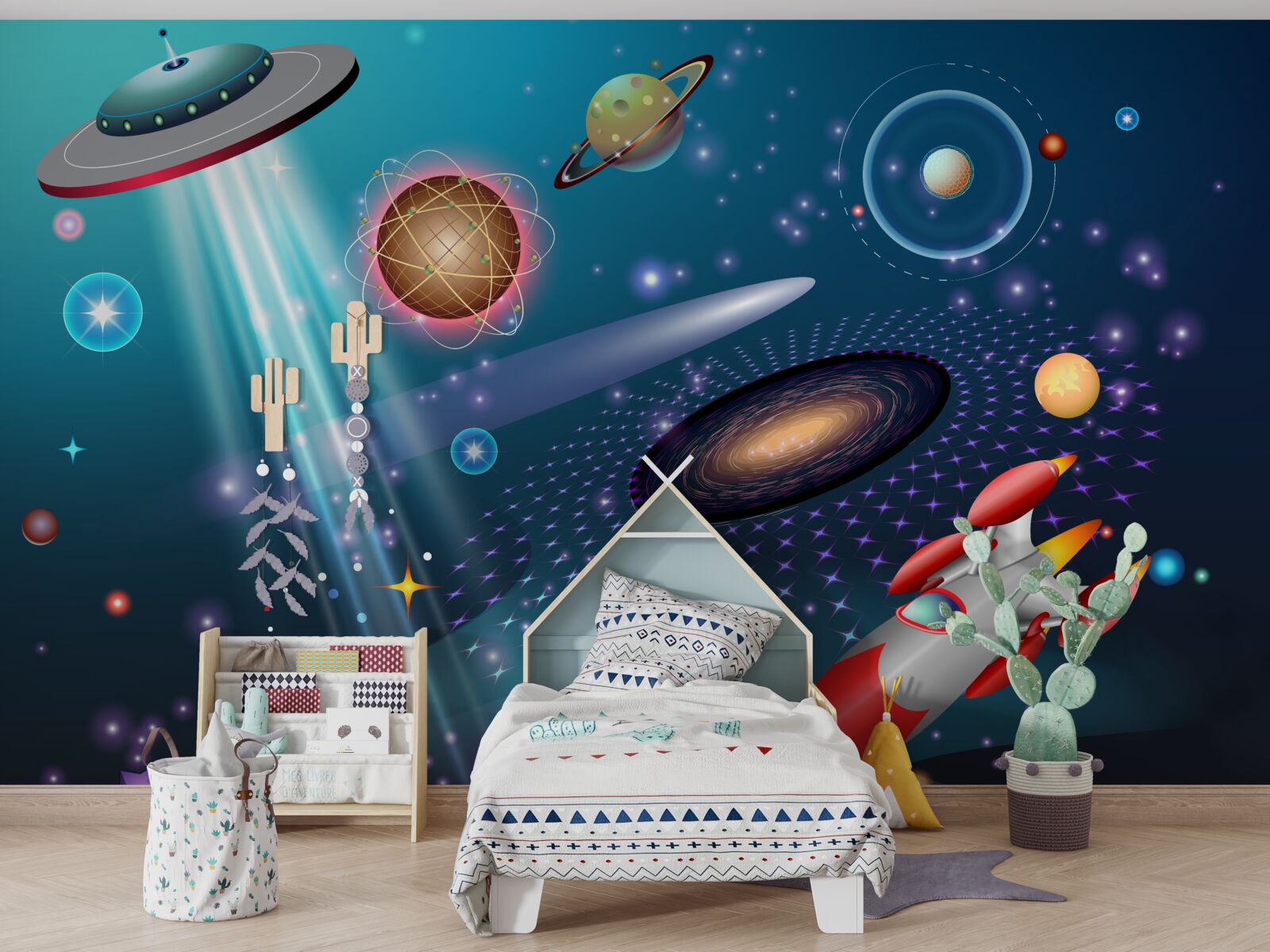 Fototapeta wśród planet są rakieta i ufo