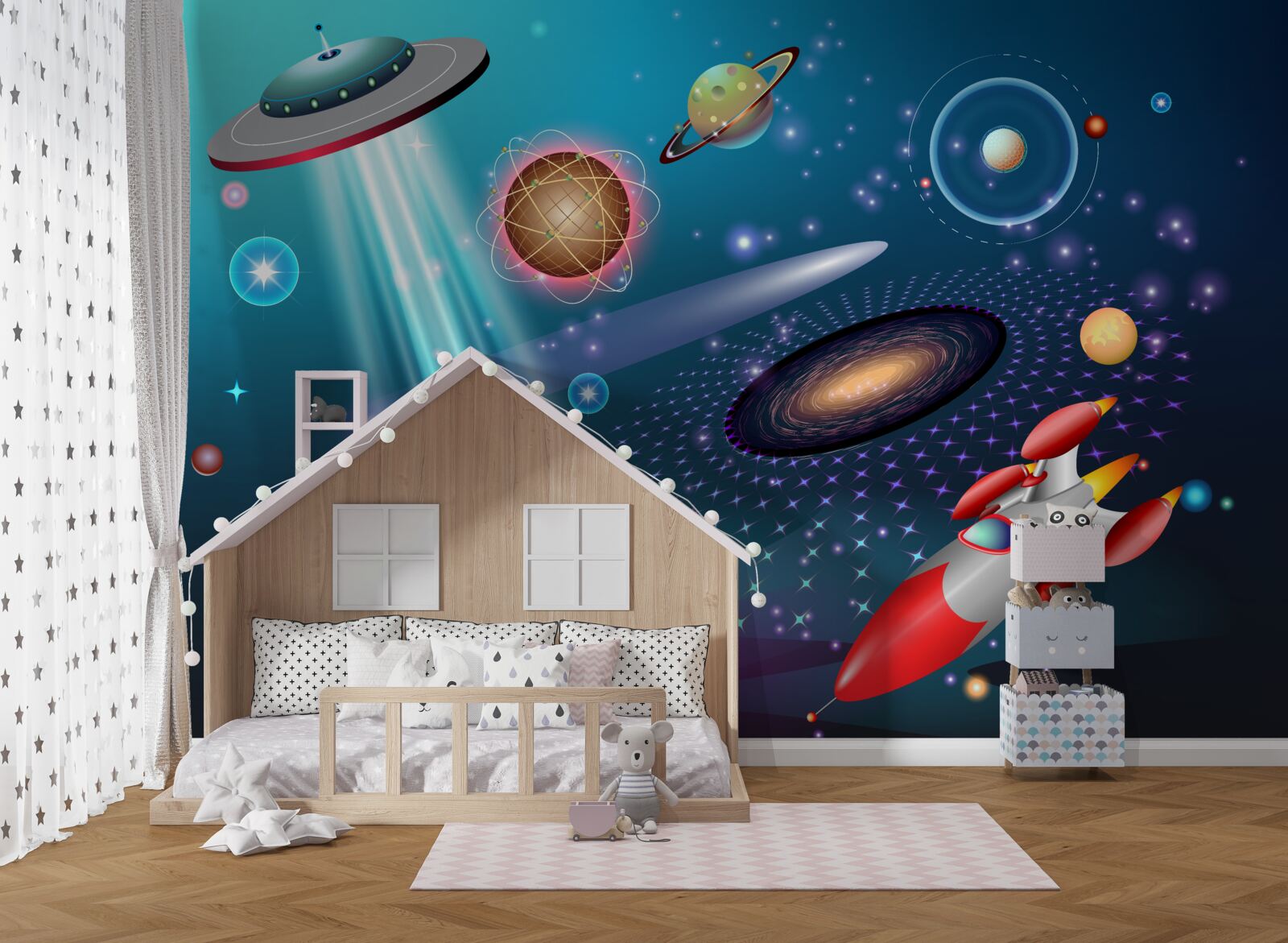 Fototapeta wśród planet są rakieta i ufo