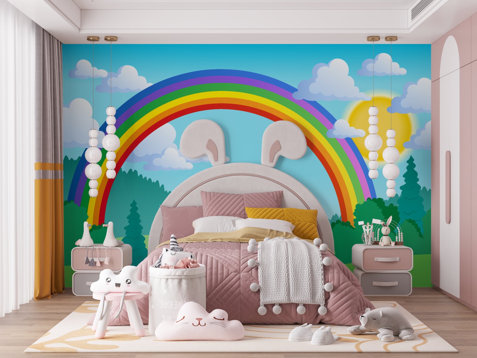 Fototapeta jasna tęcza mieni się na leśnej polanie