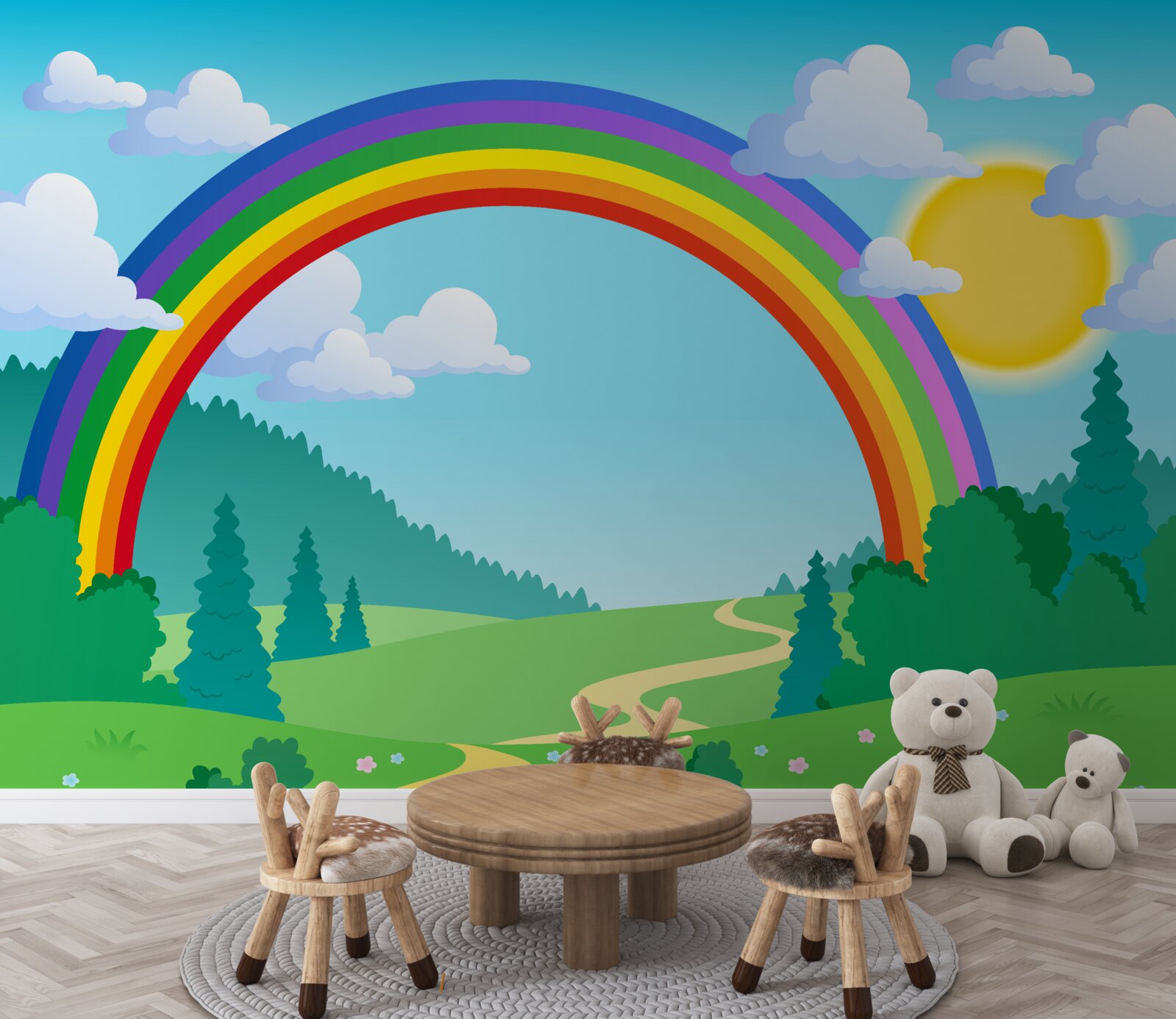 Fototapeta jasna tęcza mieni się na leśnej polanie