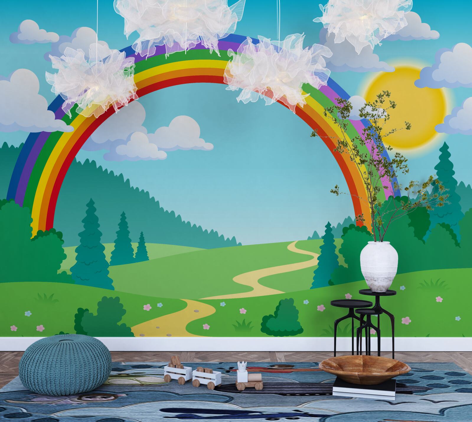 Fototapeta jasna tęcza mieni się na leśnej polanie