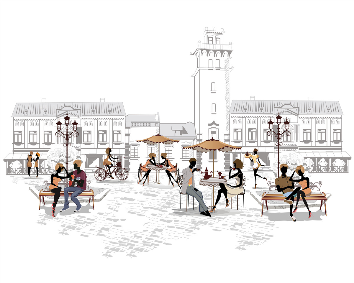 Fototapeta ludzie w centrum miasta narysowani ołówkiem