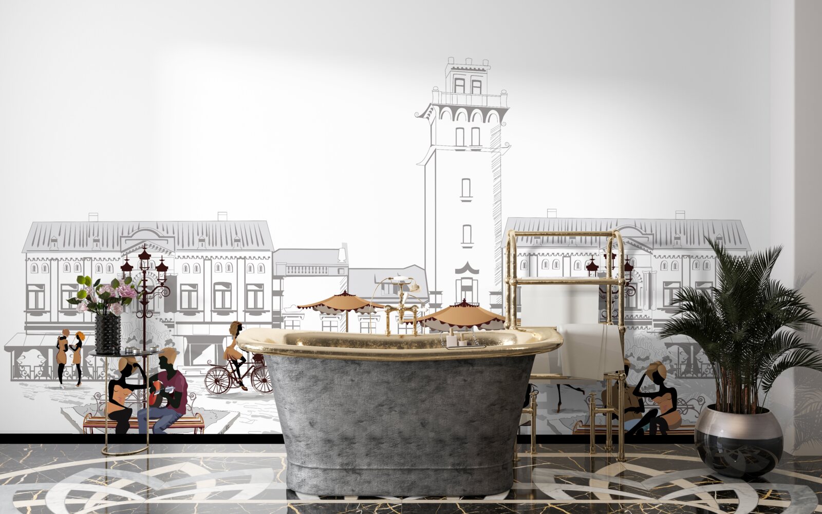 Fototapeta ludzie w centrum miasta narysowani ołówkiem