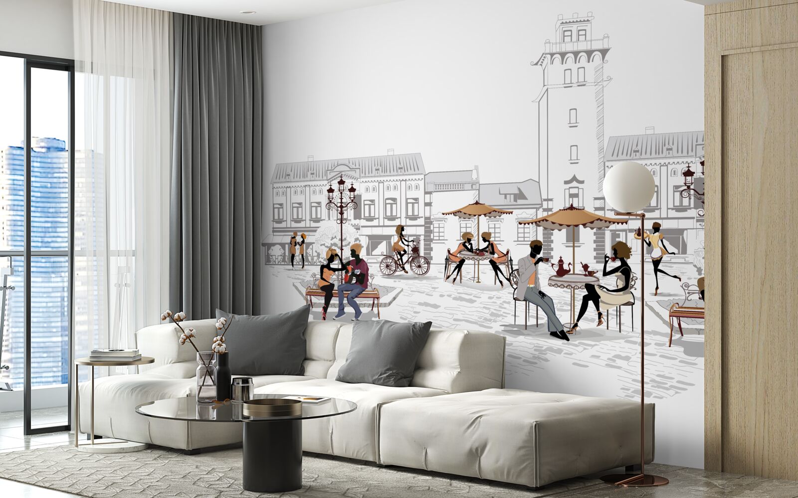 Fototapeta ludzie w centrum miasta narysowani ołówkiem