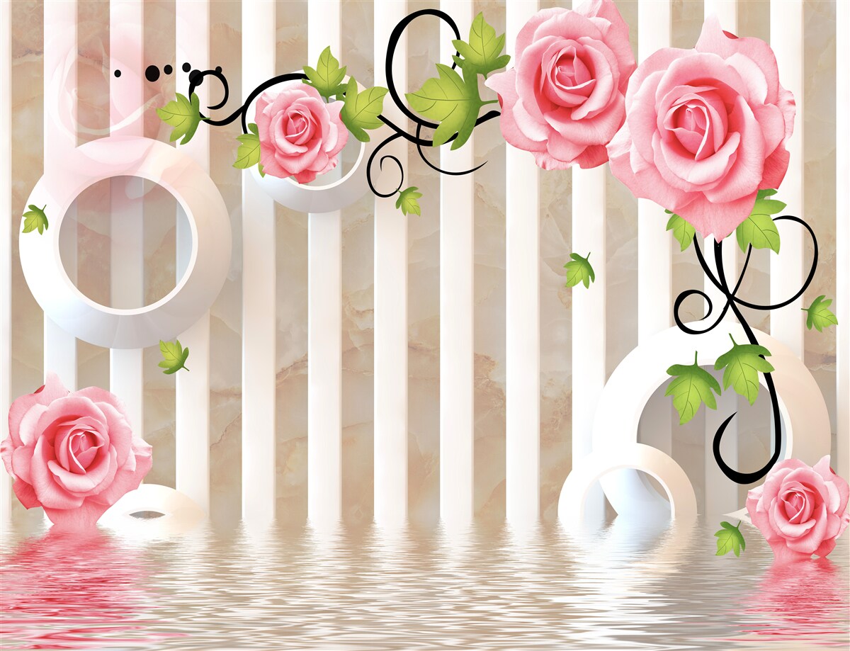 Fototapeta róża z różowymi płatkami i zielonymi liśćmi w pobliżu wody