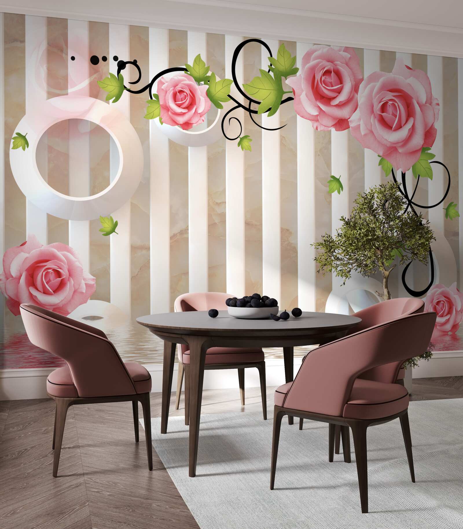 Fototapeta róża z różowymi płatkami i zielonymi liśćmi w pobliżu wody