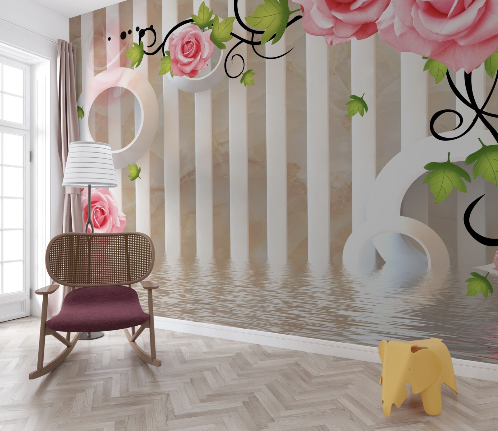 Fototapeta róża z różowymi płatkami i zielonymi liśćmi w pobliżu wody