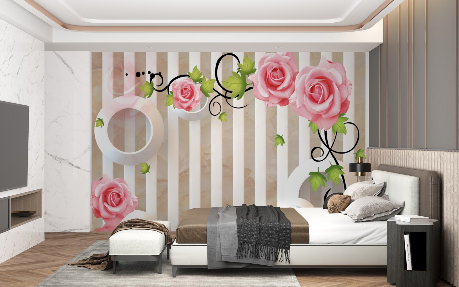 Fototapeta róża z różowymi płatkami i zielonymi liśćmi w pobliżu wody