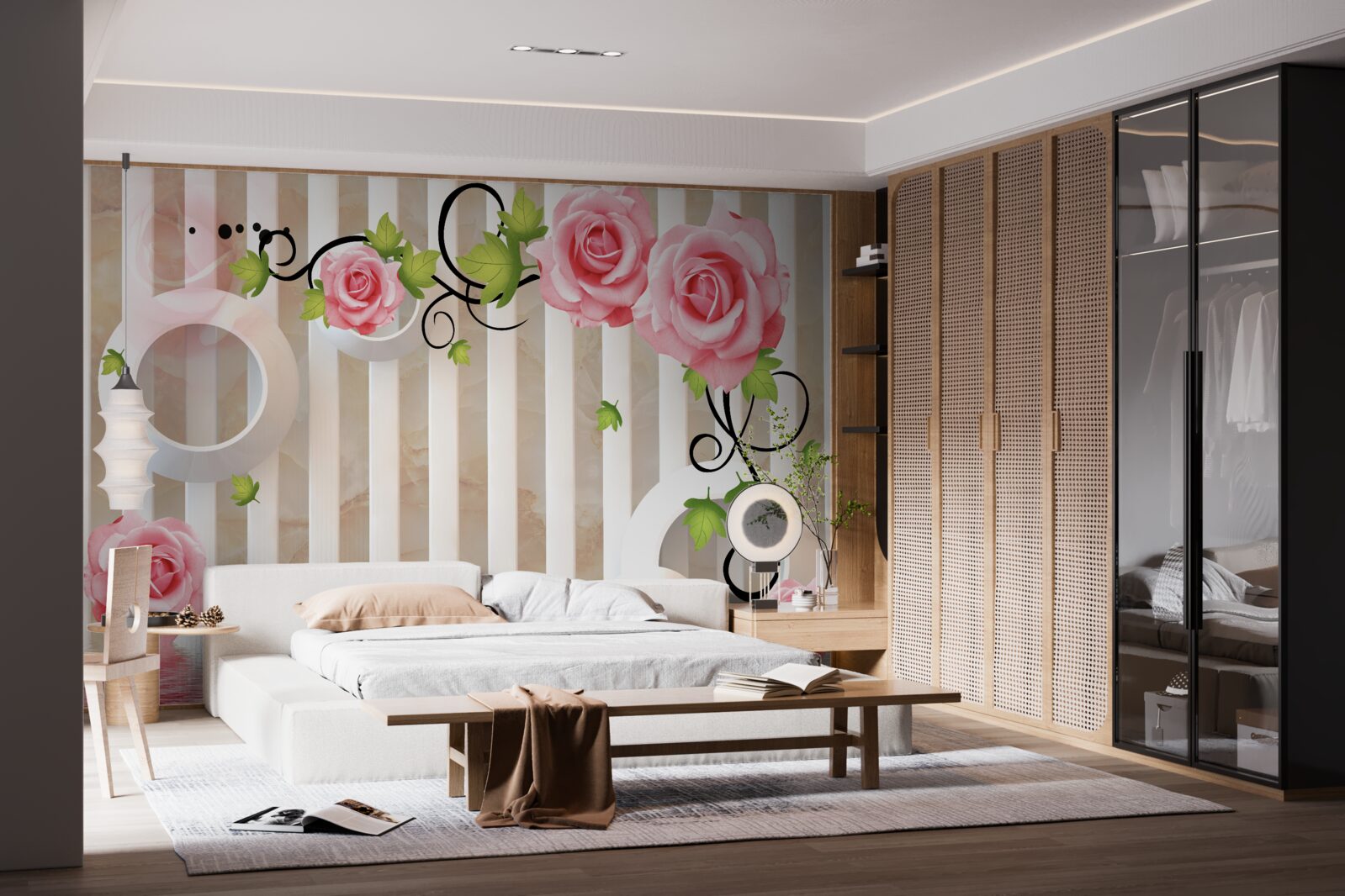 Fototapeta róża z różowymi płatkami i zielonymi liśćmi w pobliżu wody