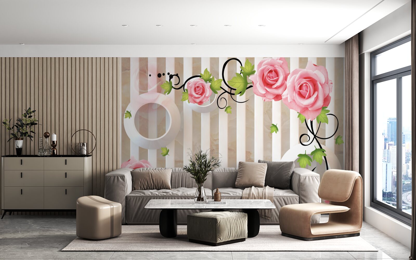 Fototapeta róża z różowymi płatkami i zielonymi liśćmi w pobliżu wody