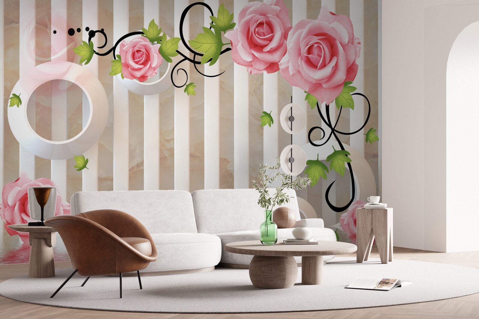 Fototapeta róża z różowymi płatkami i zielonymi liśćmi w pobliżu wody