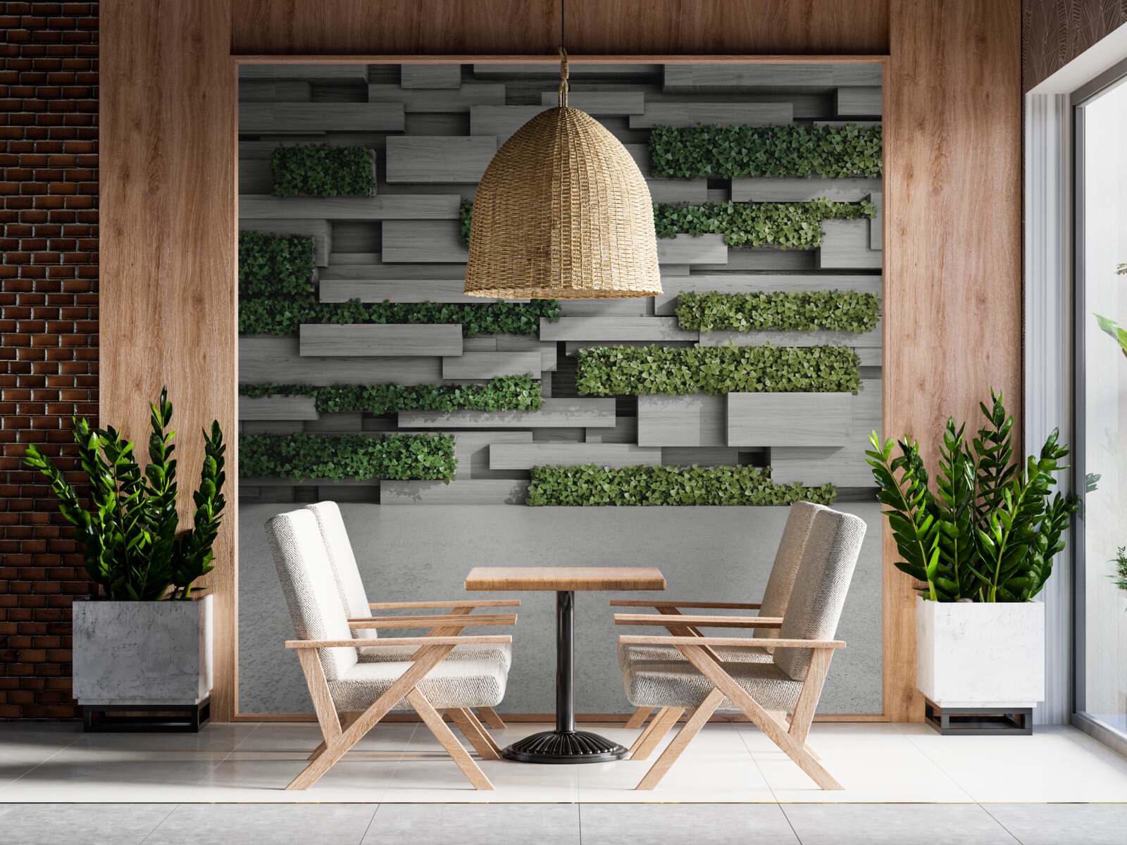 Fototapeta kamienna ściana ozdobiona zielonymi roślinami