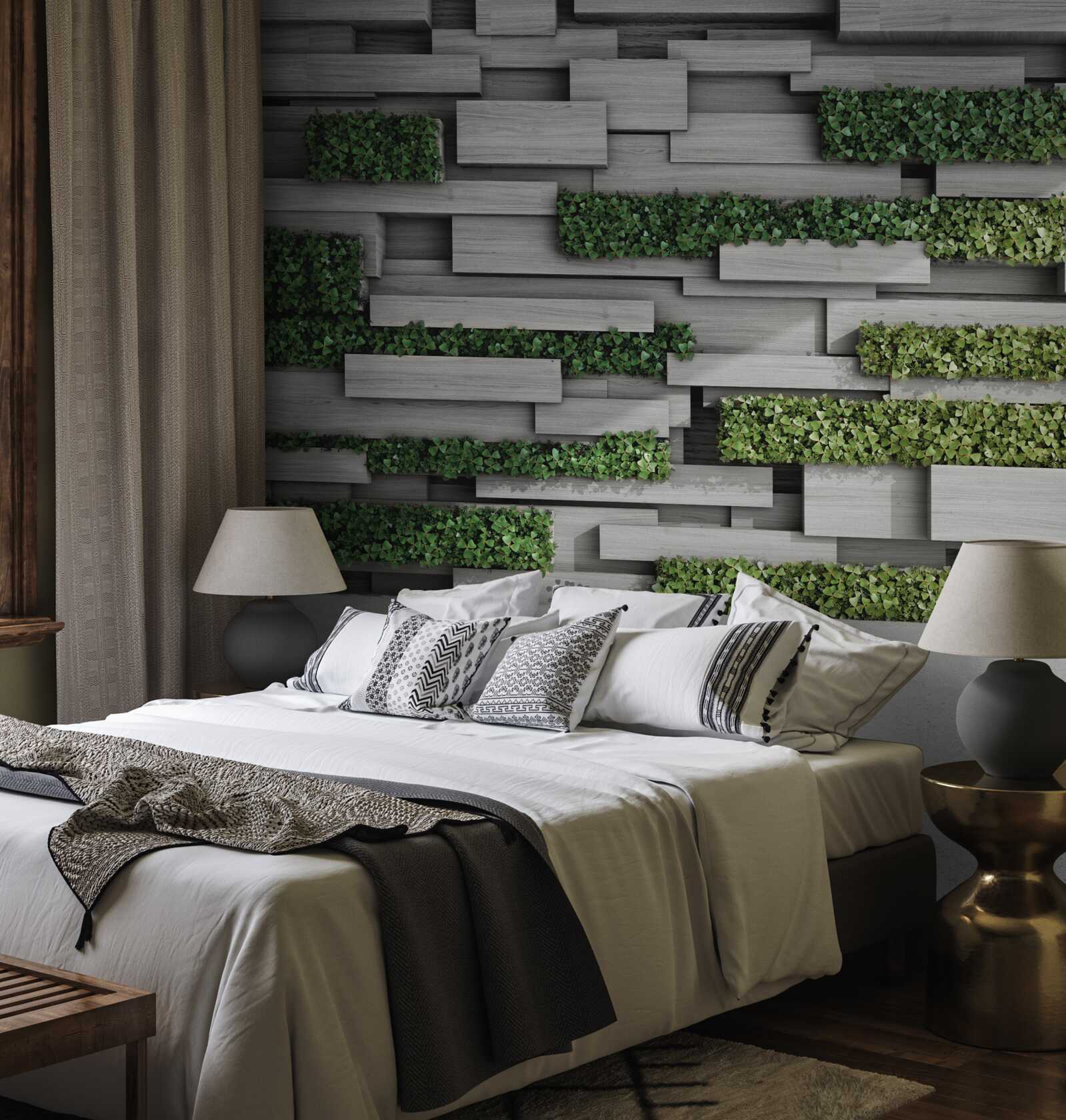 Fototapeta kamienna ściana ozdobiona zielonymi roślinami