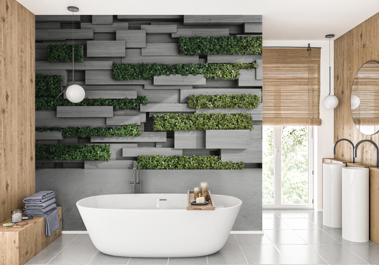 Fototapeta kamienna ściana ozdobiona zielonymi roślinami