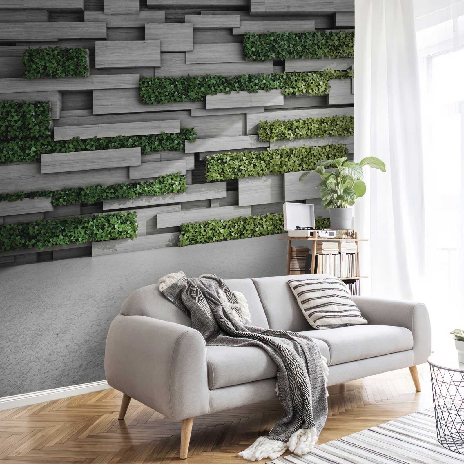 Fototapeta kamienna ściana ozdobiona zielonymi roślinami