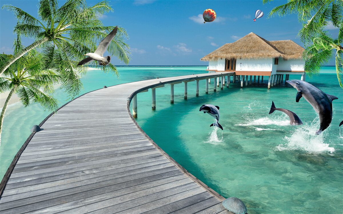 Fototapeta drewniany most nad niebiańskimi wodami