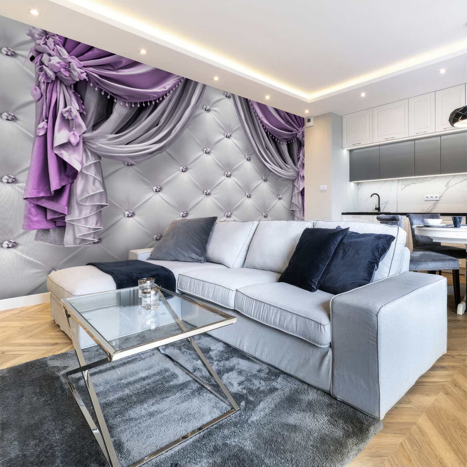 Fototapeta delikatny biały materiał i fioletowe zasłony