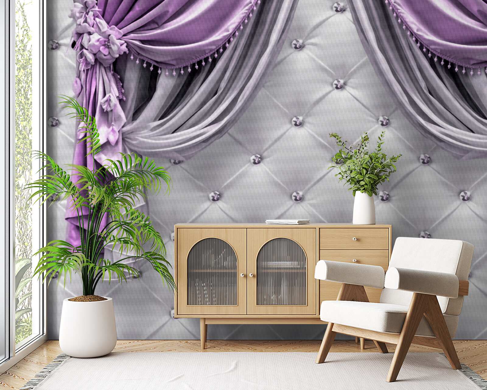 Fototapeta delikatny biały materiał i fioletowe zasłony