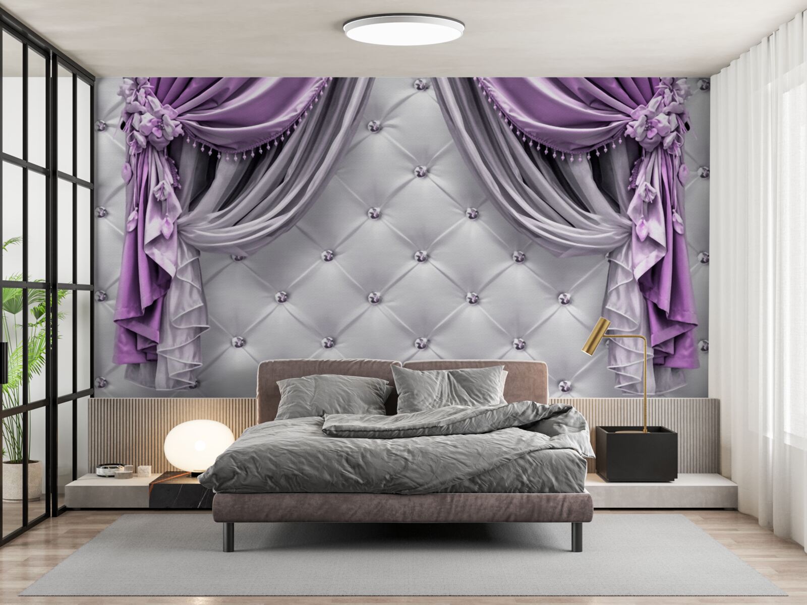 Fototapeta delikatny biały materiał i fioletowe zasłony