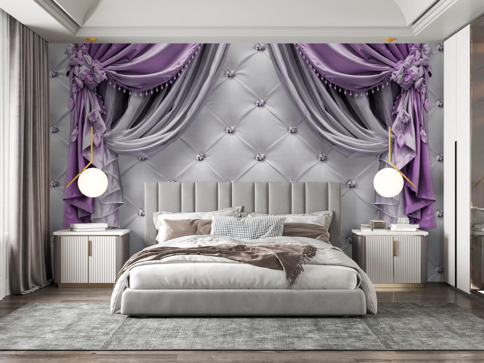 Fototapeta delikatny biały materiał i fioletowe zasłony