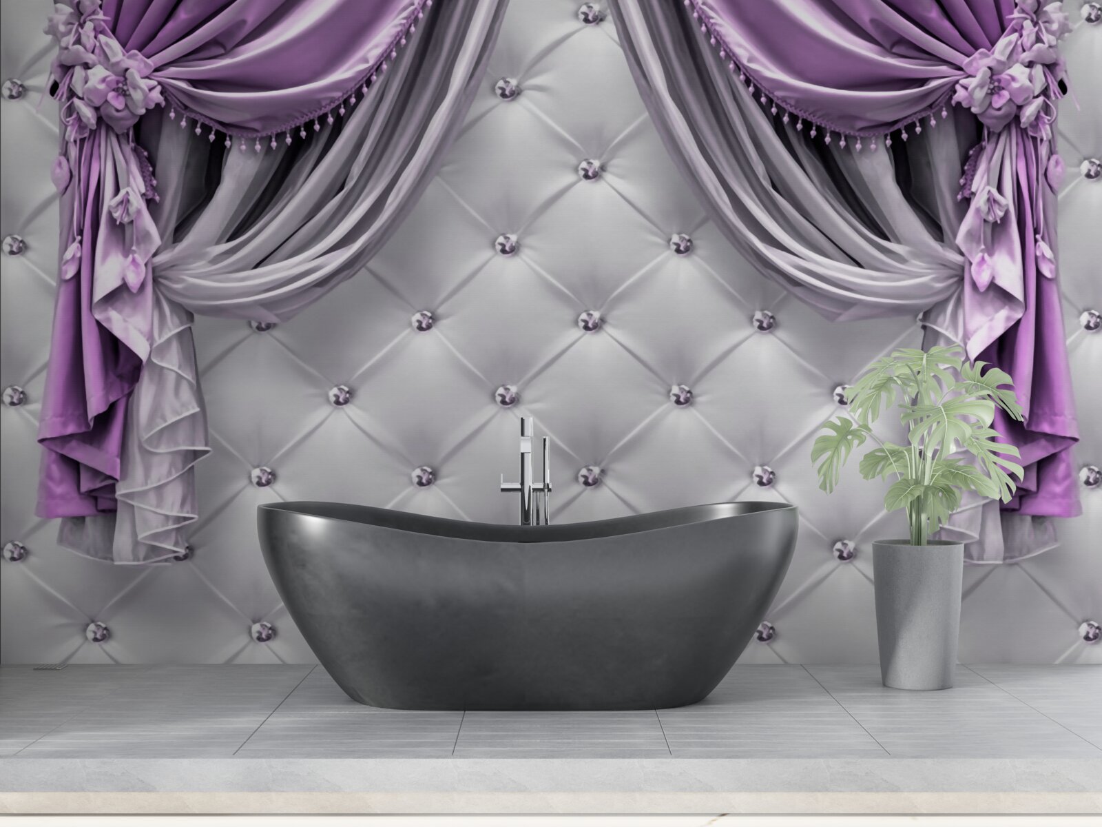 Fototapeta delikatny biały materiał i fioletowe zasłony