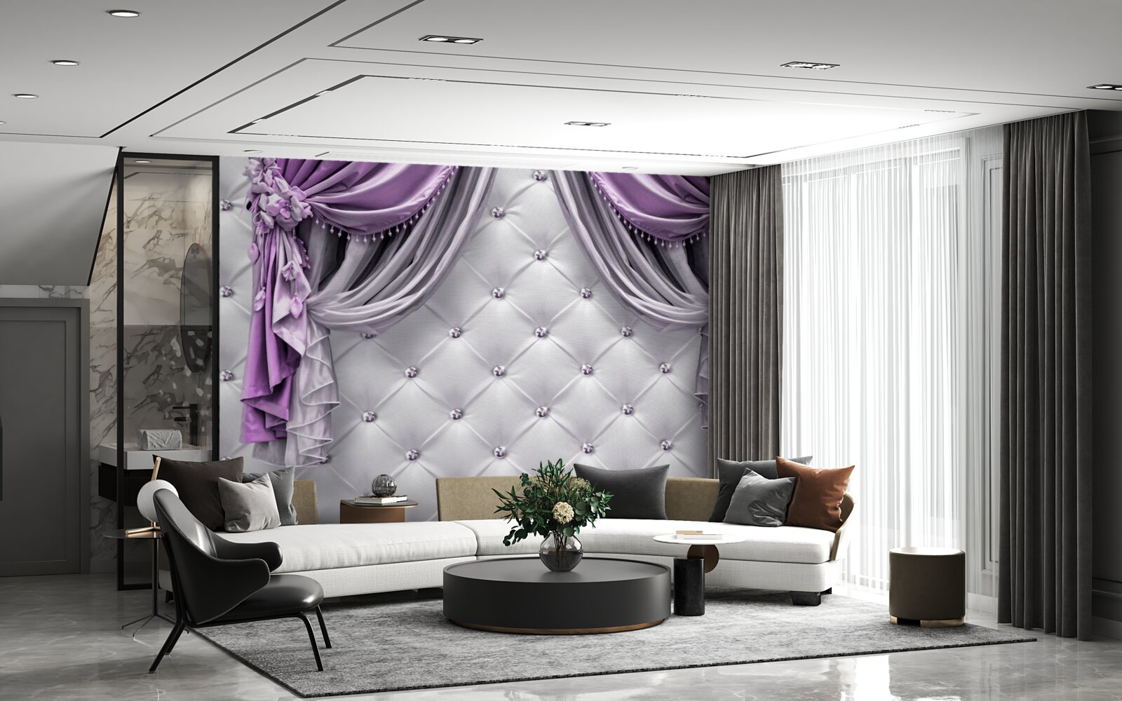 Fototapeta delikatny biały materiał i fioletowe zasłony