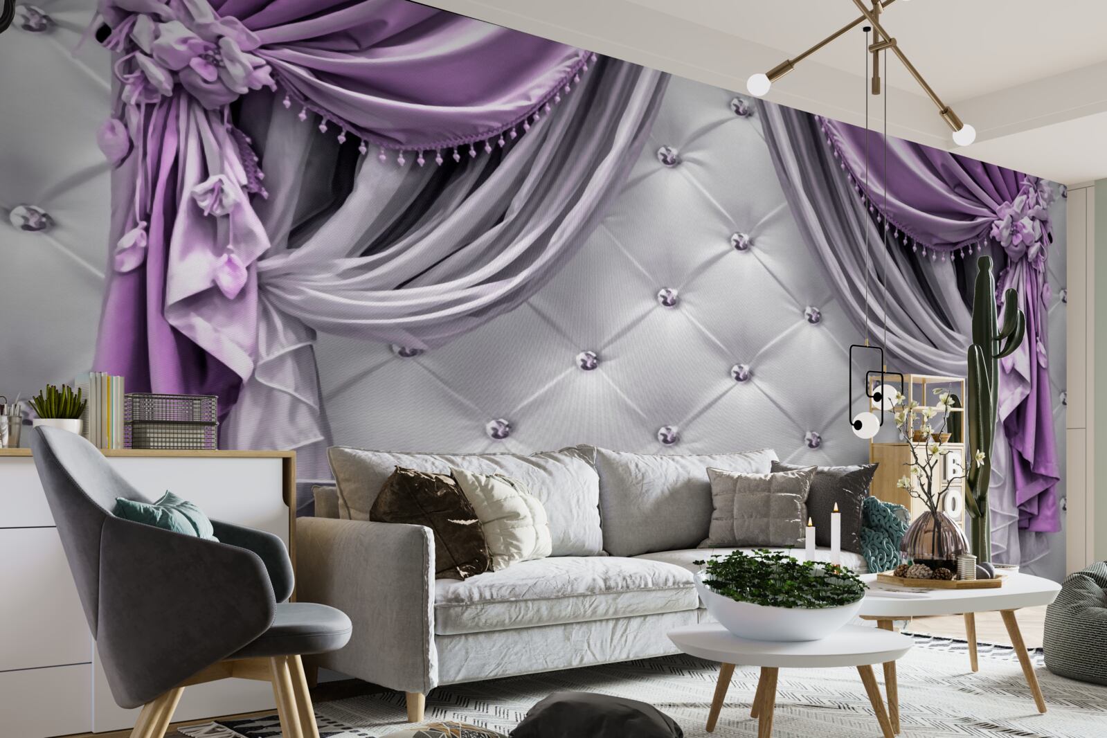 Fototapeta delikatny biały materiał i fioletowe zasłony