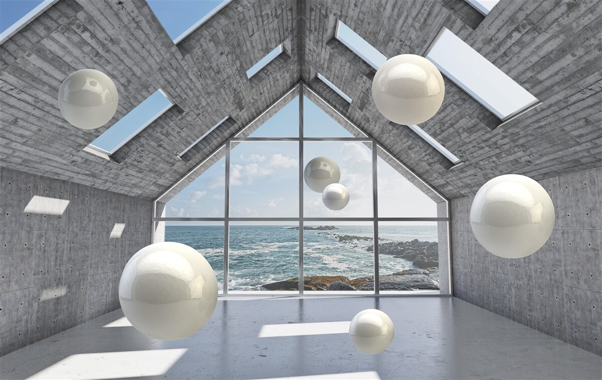 Fototapeta pływające kuliste perły wewnątrz szarego budynku