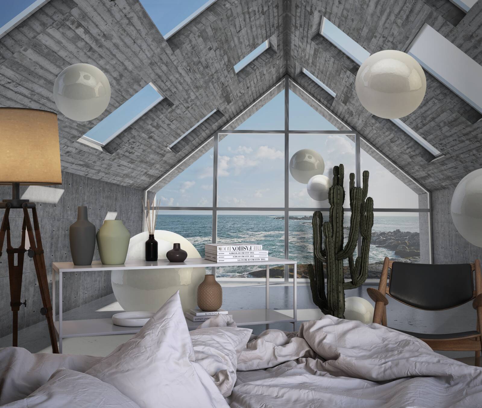 Fototapeta pływające kuliste perły wewnątrz szarego budynku