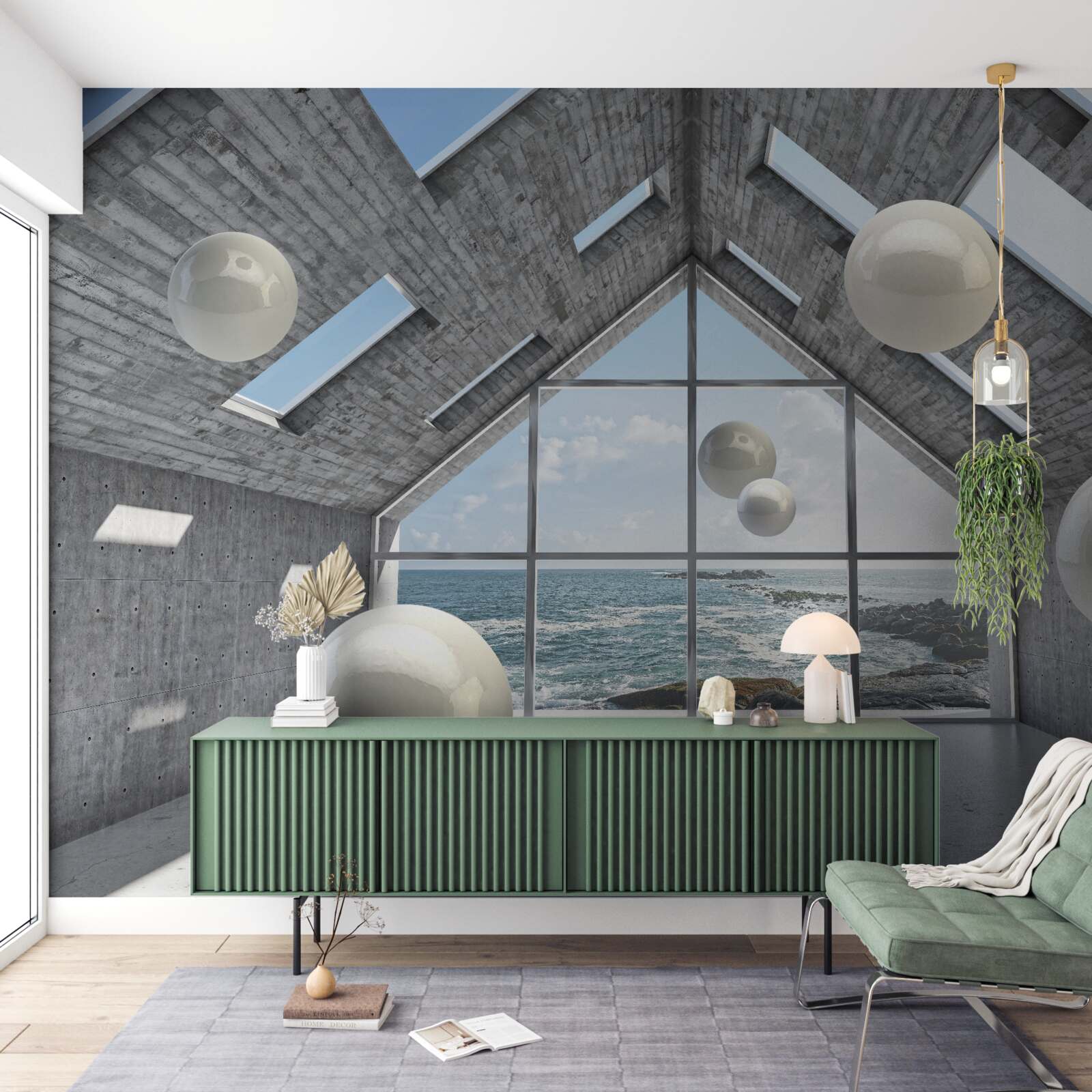 Fototapeta pływające kuliste perły wewnątrz szarego budynku