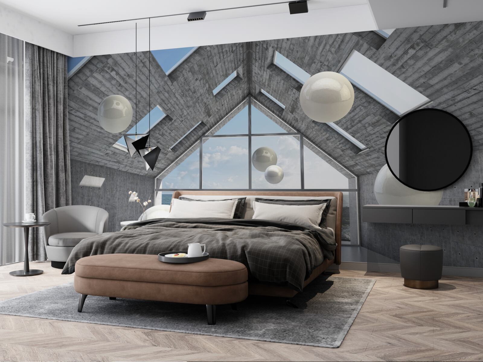 Fototapeta pływające kuliste perły wewnątrz szarego budynku