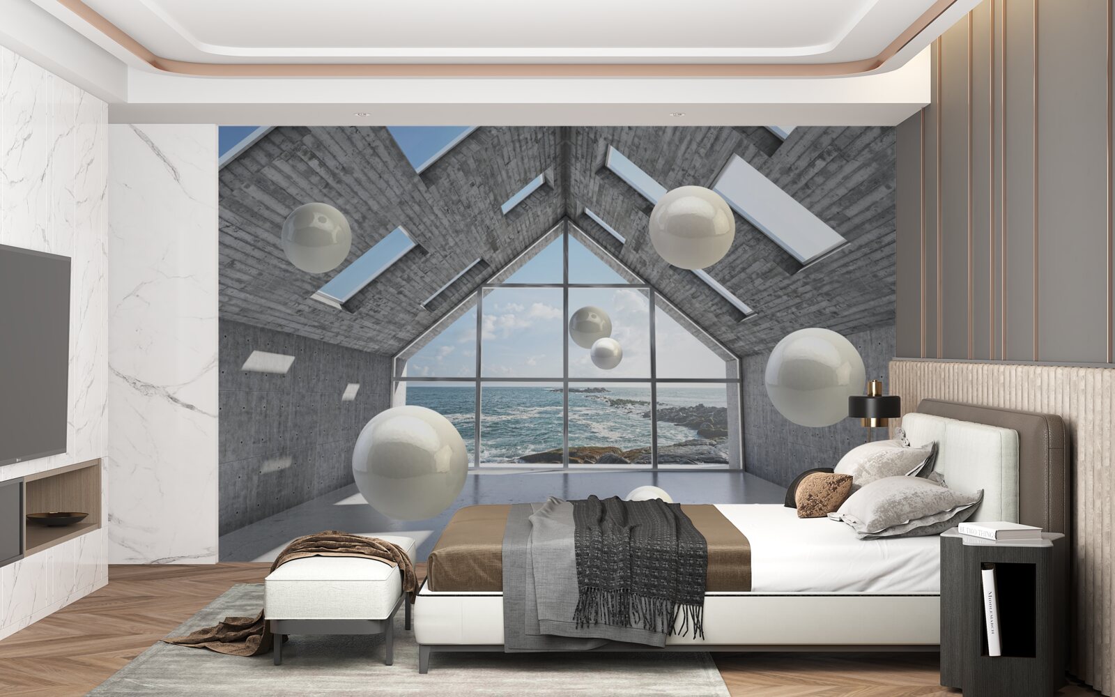 Fototapeta pływające kuliste perły wewnątrz szarego budynku